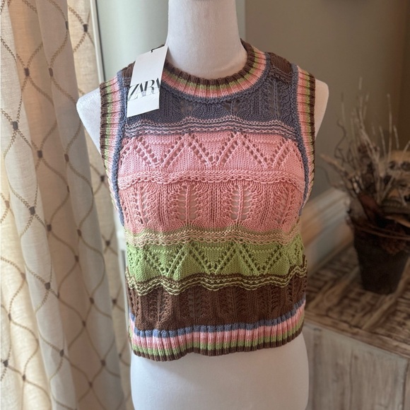 NWT ZARA Multicolored Boho Crochet Knit Sweater Vest With Striped Trim Size S - Picture 2 of 3